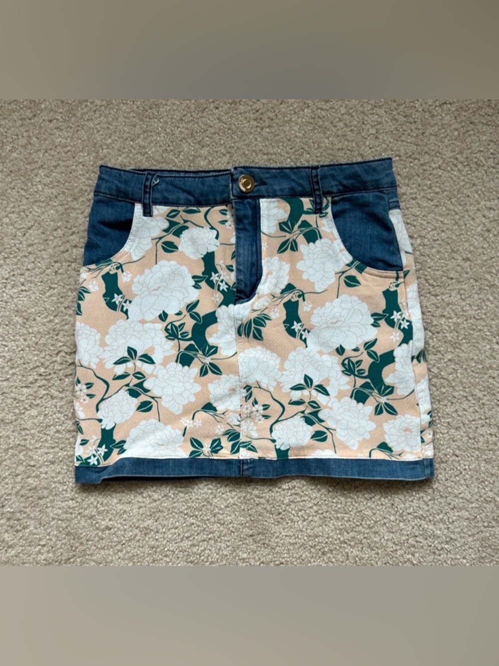 Floral Paneled Mini Skirt in Peach and Green